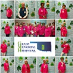 A collage of Grady Memorial volunteers, wearing pink shirts.